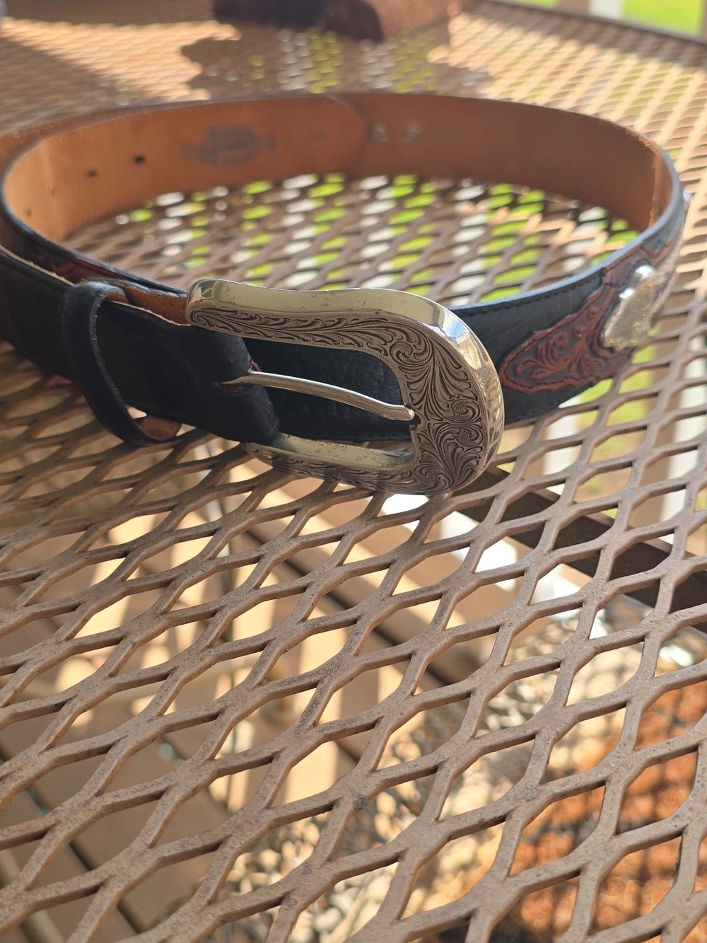 Vintage Justin Boots Black Leather Western Belt with Engraved Silver Buckle